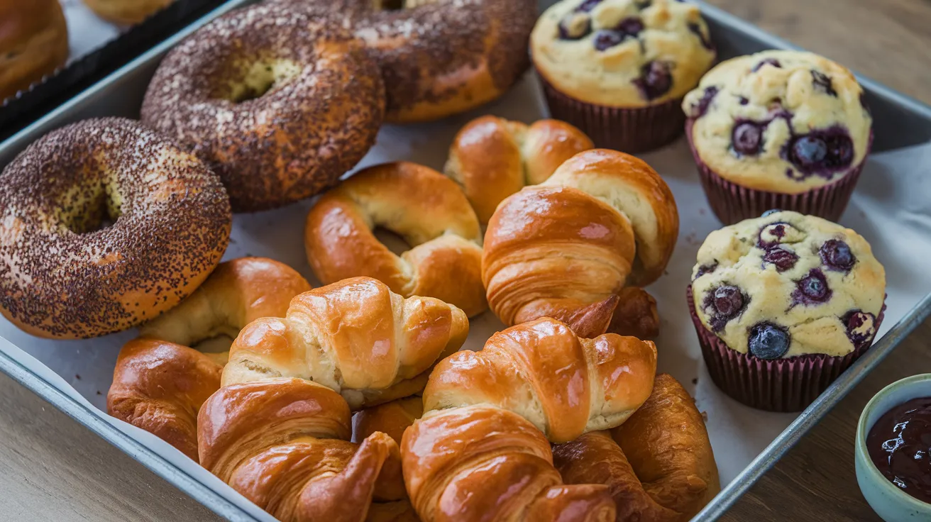 A photo of a tray of baked goods. There are croissants, bagels, and muffins A photo of a tray of baked goods. There are croissants, bagels, and muffins